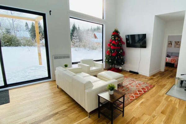 Salon moderne avec sapin de Noël et vue sur neige.