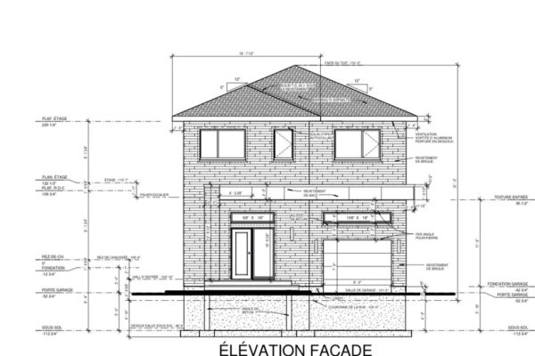 Plan architectural de façade de maison.